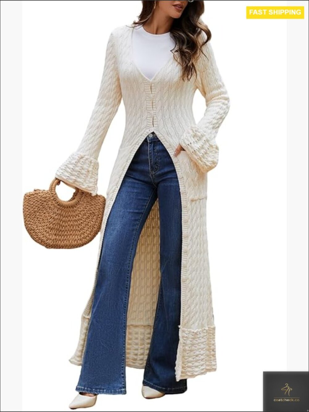Chunky Cable Knit Maxi Cardigan Sweater Long Bell Sleeve Button Down Winter